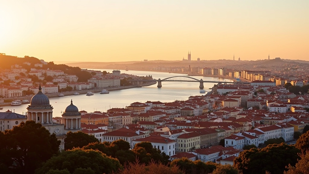 Vista aérea de Lisboa com o Tejo e edifícios históricos ao fundo