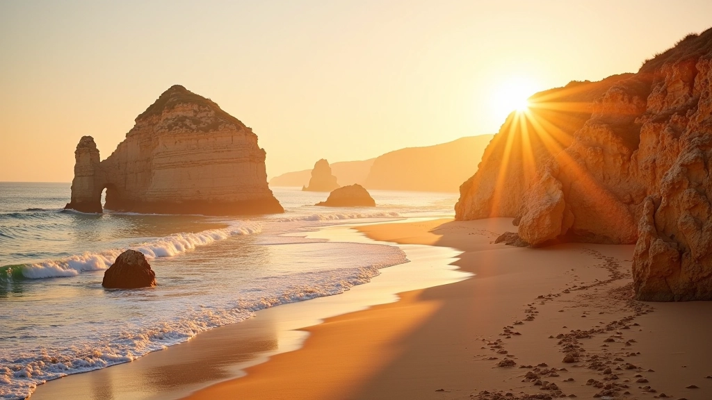 Praias do Algarve com areias douradas e falésias rochosas durante o pôr do sol