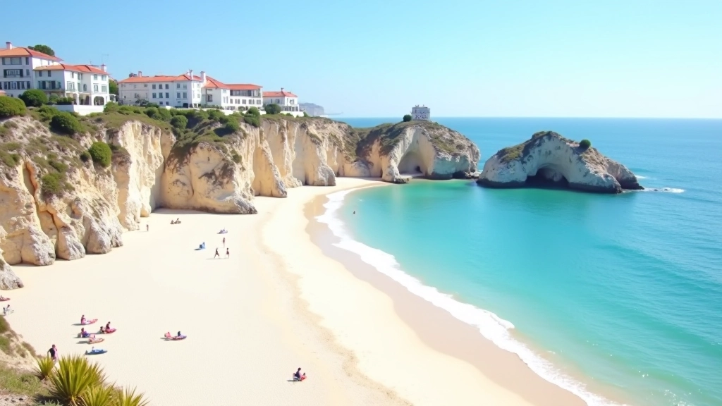 Praia de Cascais com areia branca, falésias rochosas e marina com iates, luz natural clara durante o dia