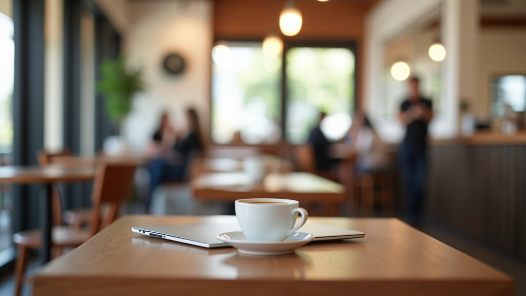 Café moderno com mesas de madeira, luz natural através de janelas grandes, pessoa trabalhando em laptop, ambiente aconchegante
