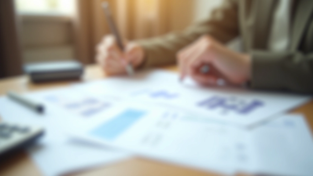 Documentos financeiros e extratos bancários espalhados numa mesa de trabalho, com calculadora e caneta, iluminação natural