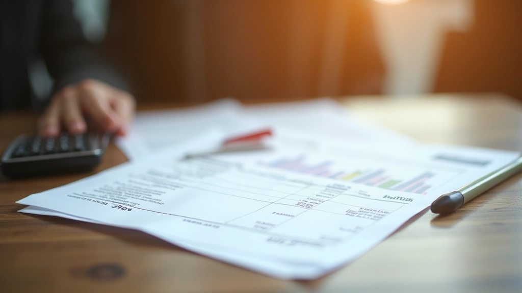 Documentos financeiros e extratos bancários organizados numa mesa de trabalho