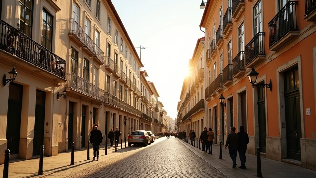 Vista da Baixa Pombalina em Lisboa com ruas de calcário e arquitetura clássica
