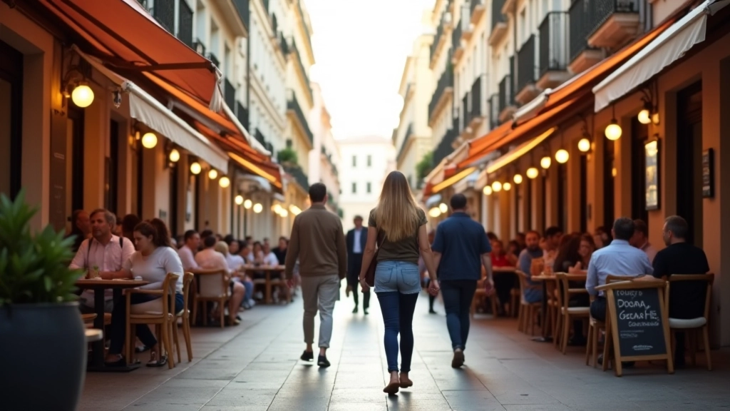 Rua comercial de Lisboa com lojas e restaurantes, pessoas a passear, atmosfera urbana