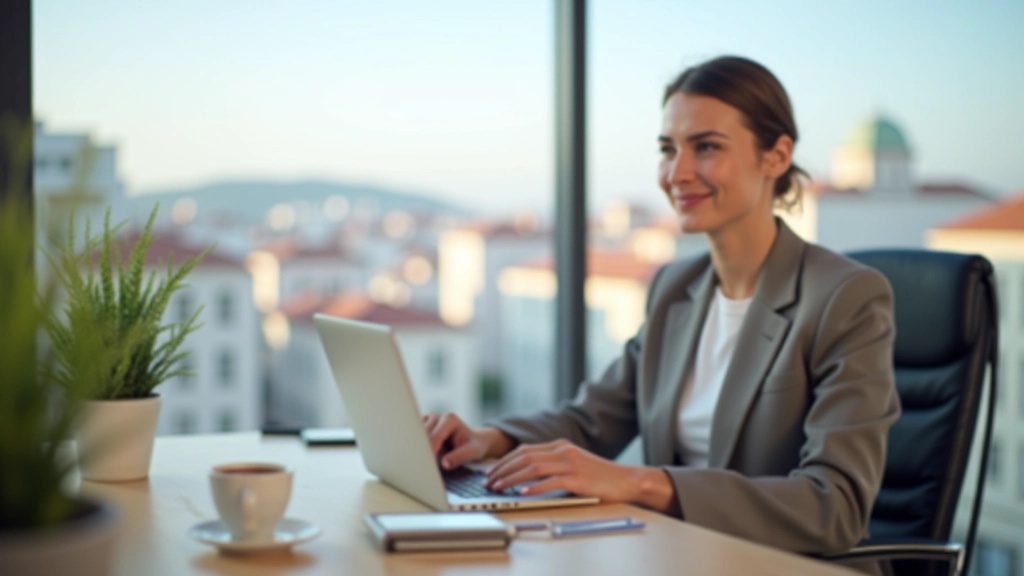 Espaço de trabalho moderno para nômadas digitais com vista da cidade