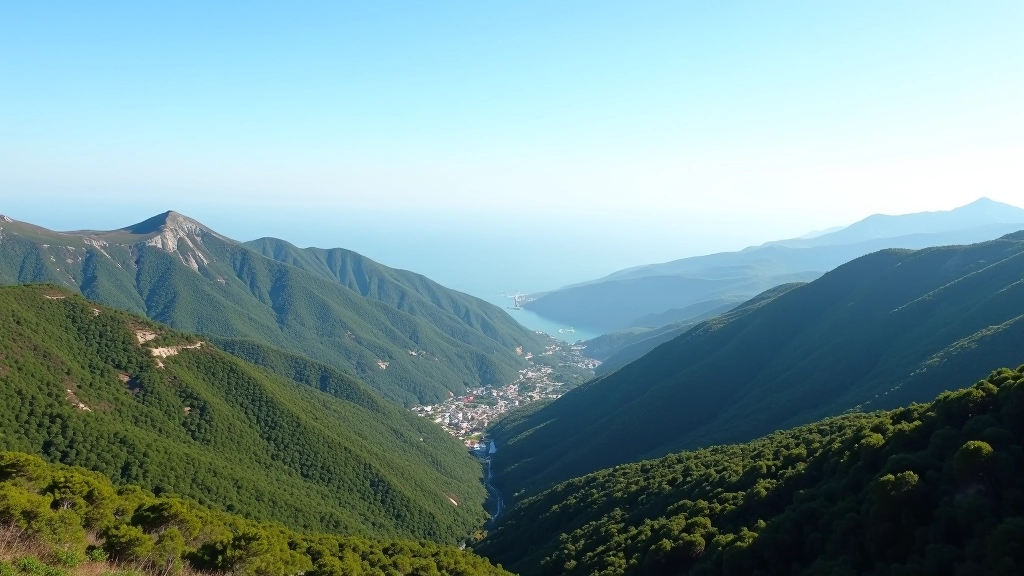 Vista aérea da Serra da Covilhã com montanhas verdes, floresta densa e casas tradicionais dispersas, céu azul claro