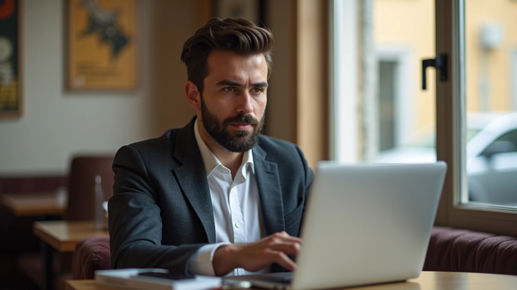 Pessoa jovem num café de Lisboa a trabalhar num computador portátil com vista da rua