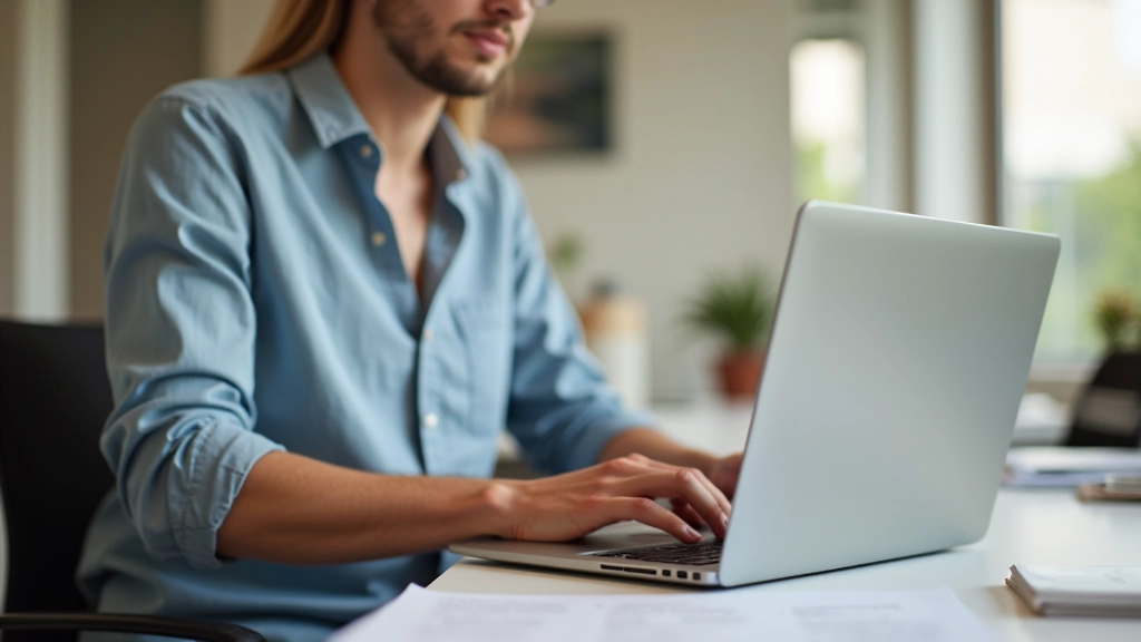 Pessoa preenchendo formulário online no computador com documentos ao lado