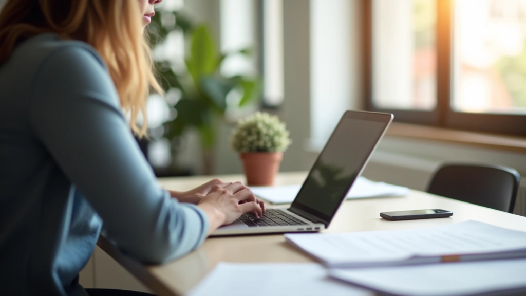 Pessoa preenchendo formulário de inscrição em computador portátil num escritório moderno