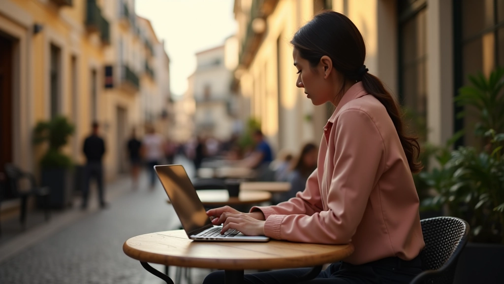Pessoa a trabalhar num café de Lisboa com vista para a rua, laptop aberto, café ao lado