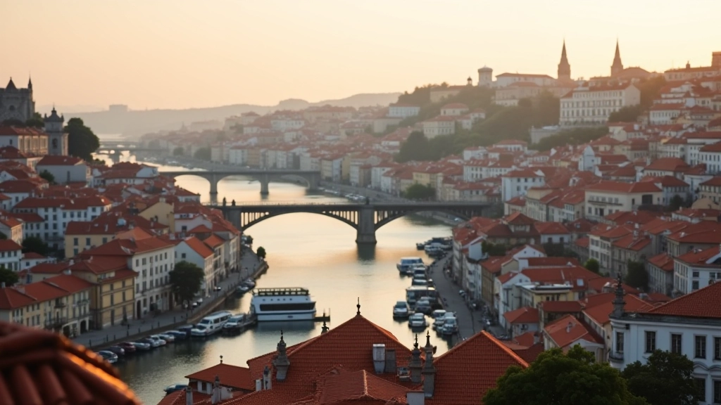 Paisagem urbana do Porto com rio Douro, torres históricas e ponte D. Luís ao fundo, vista durante o pôr do sol
