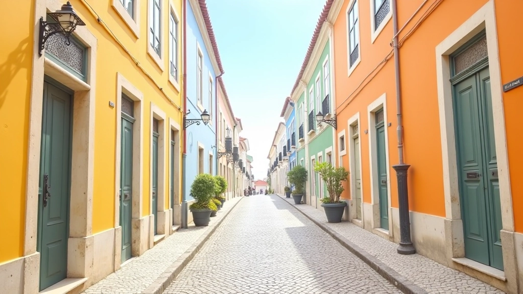 Rua pavimentada em calçada portuguesa com fachadas coloridas de edifícios históricos