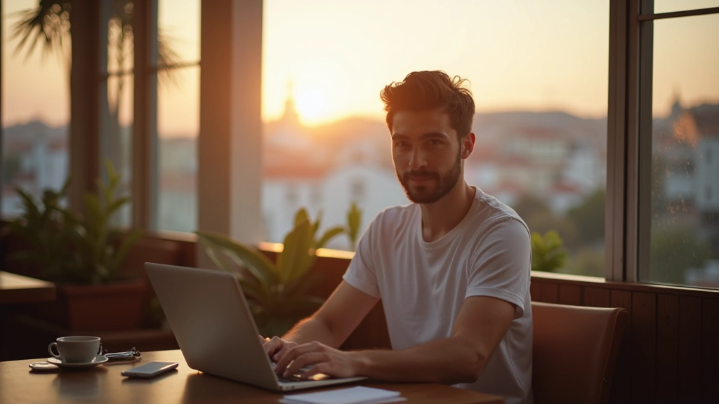 Profissional remoto trabalhando num café em Portugal com vista para a cidade